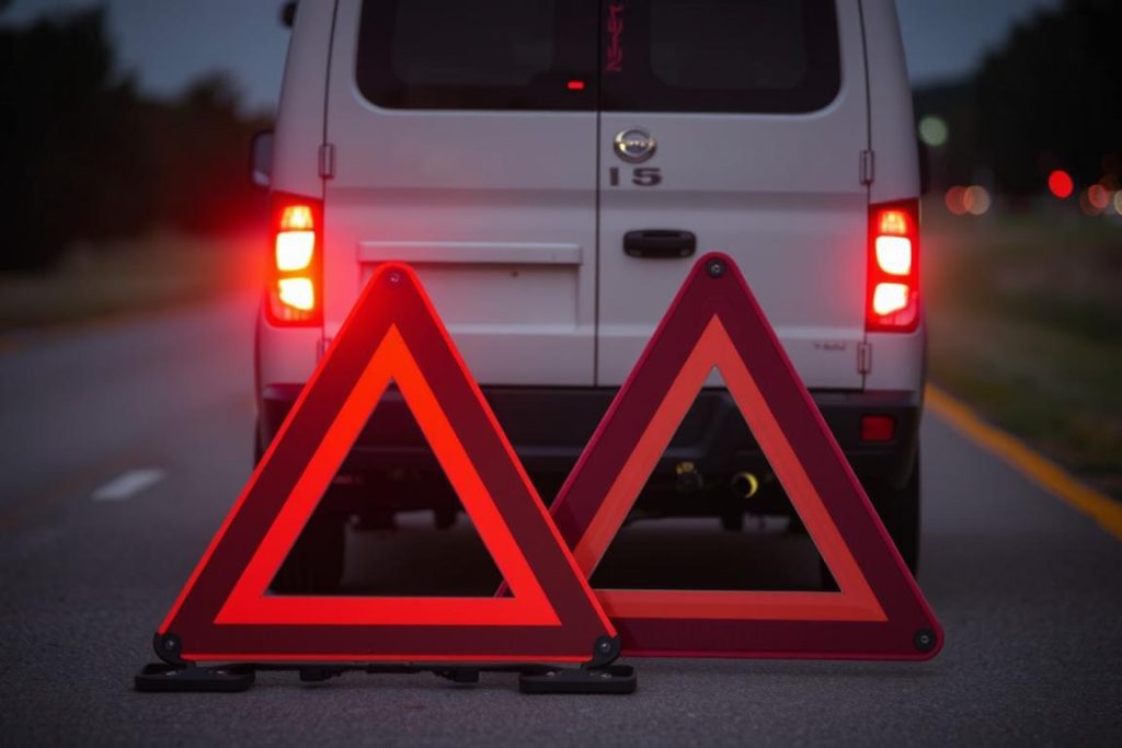 Safety triangles placed behind a disabled vehicle on a Bryan road