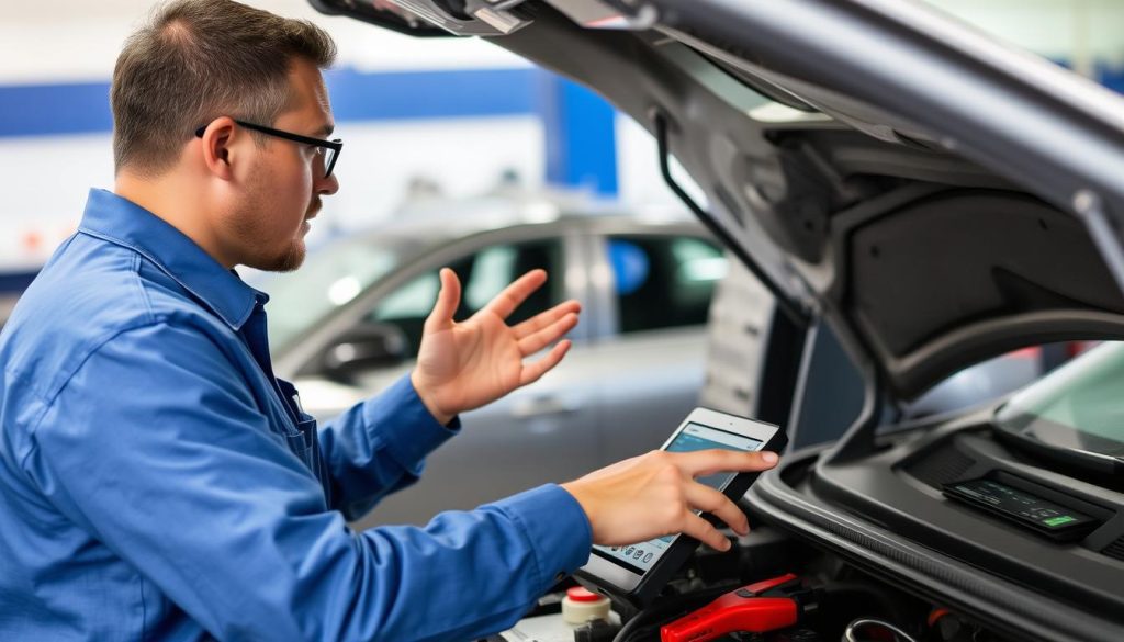 Technician answering customer questions about jump start service in San Diego