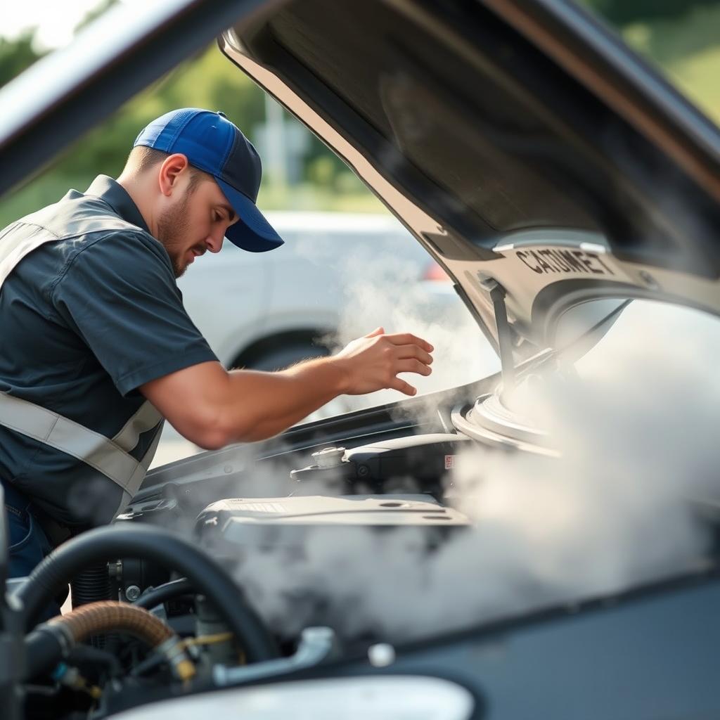 Technician assisting with overheated engine in Garland summer heat