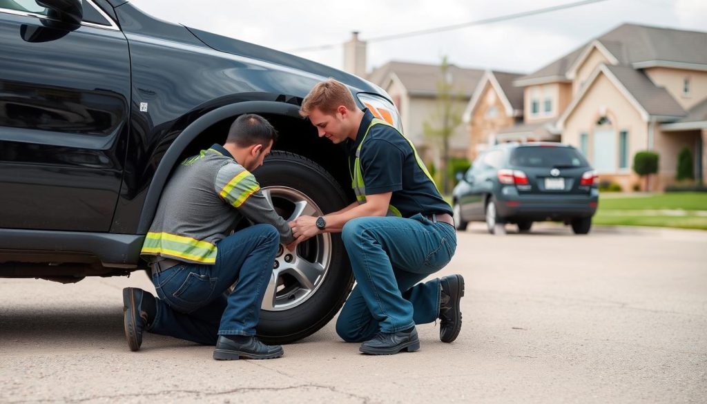 Technician changing a flat tire for a stranded motorist in Rockwall