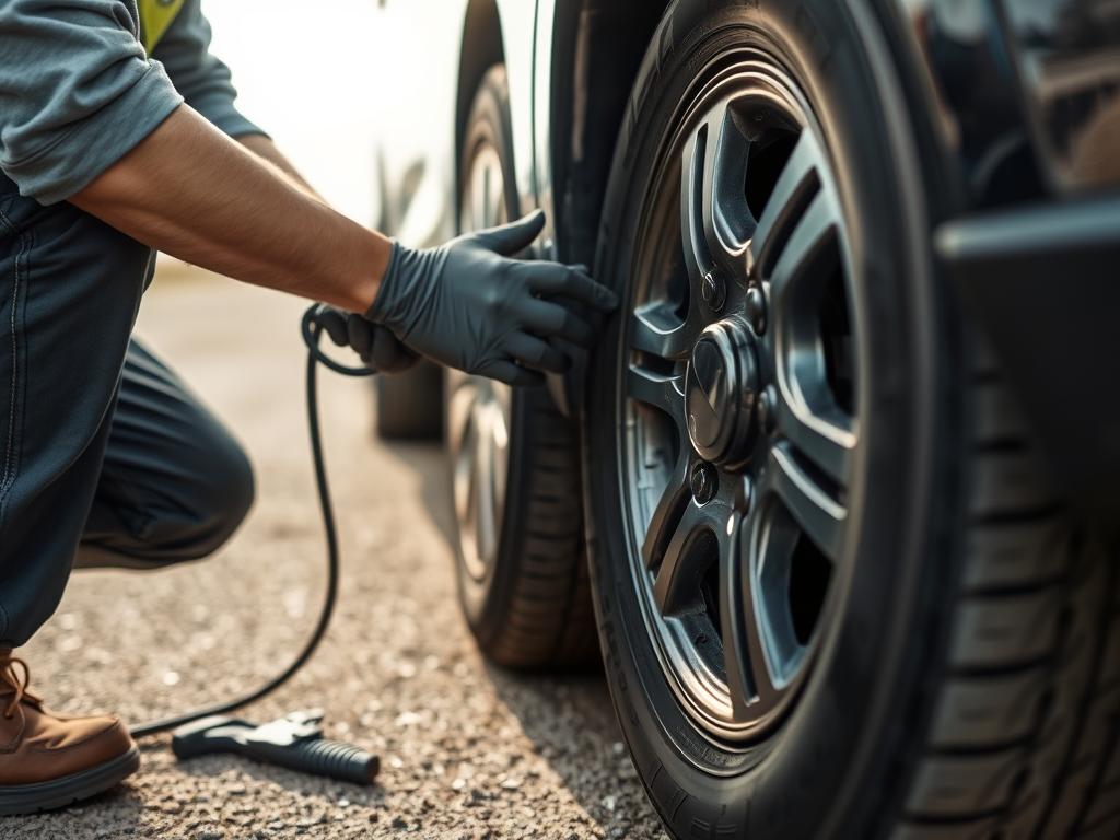 Technician changing a flat tire in Amarillo