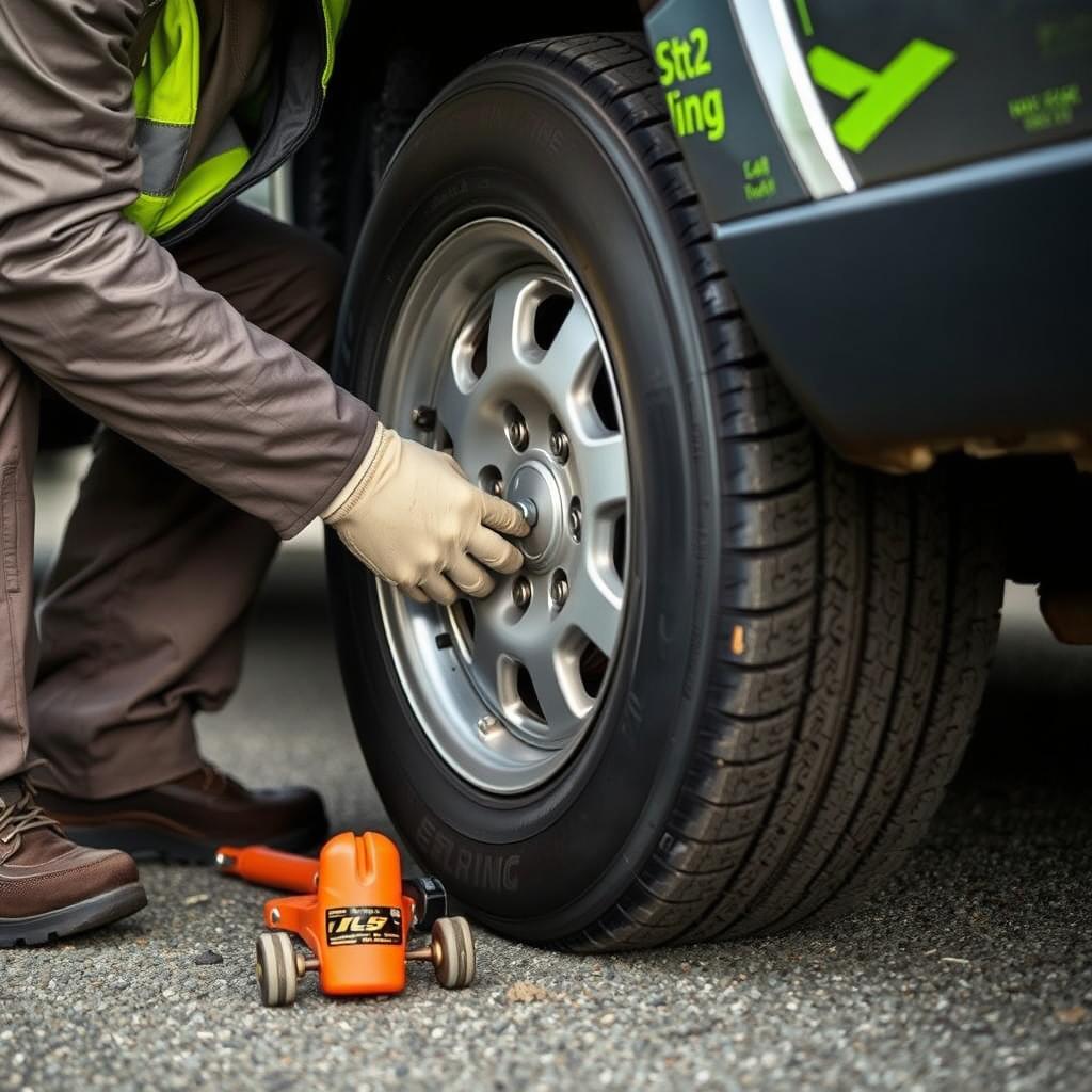 Technician changing a flat tire in Gilroy