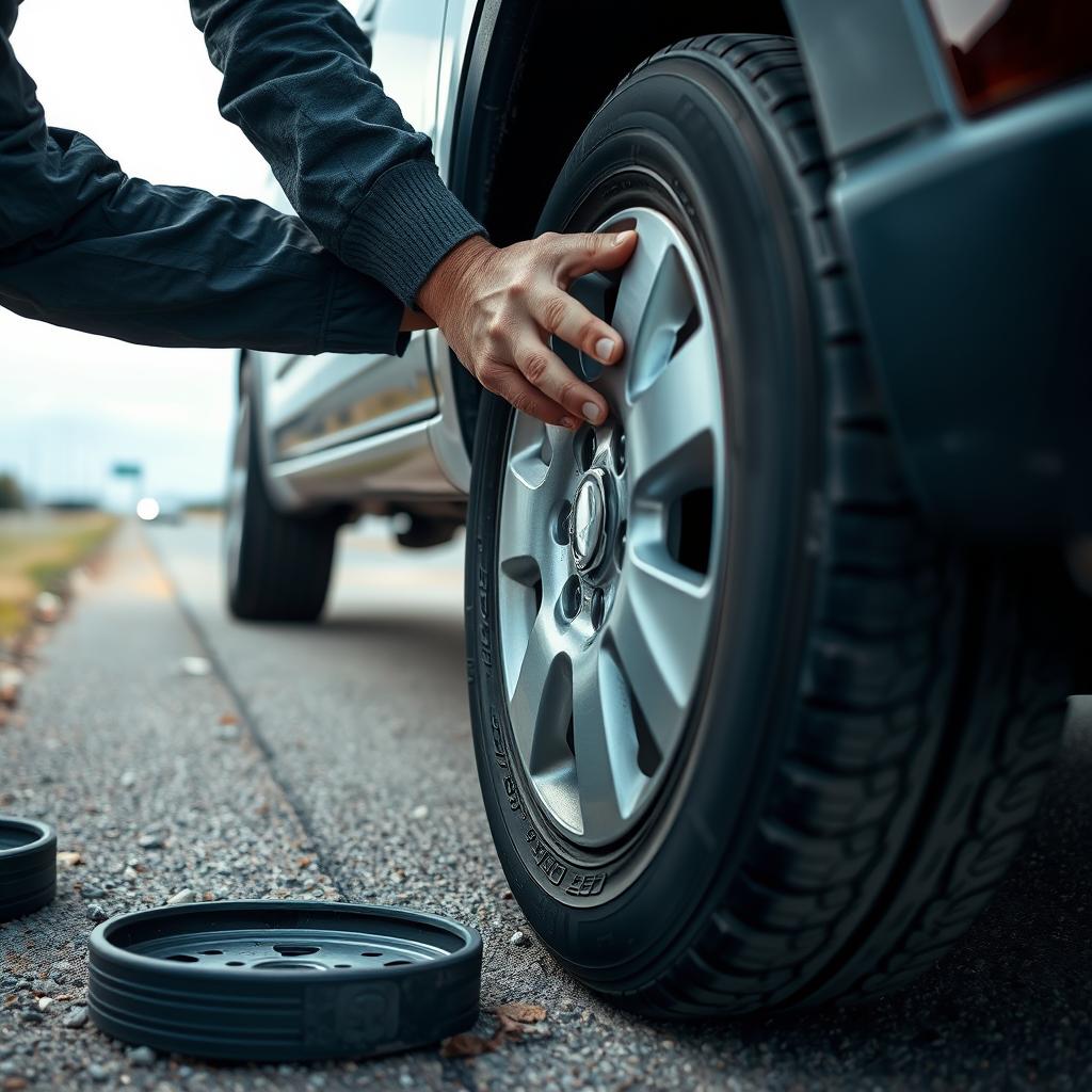 Technician changing a flat tire on a roadside in Frisco