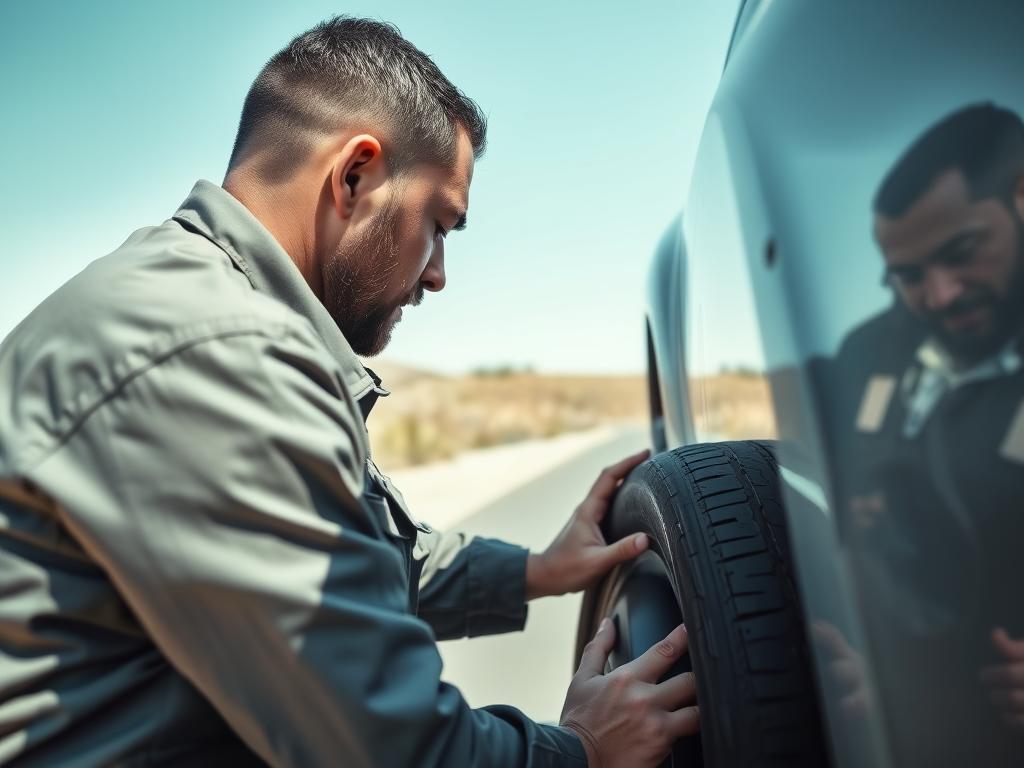 Technician changing a flat tire on a vehicle in Jurupa Valley