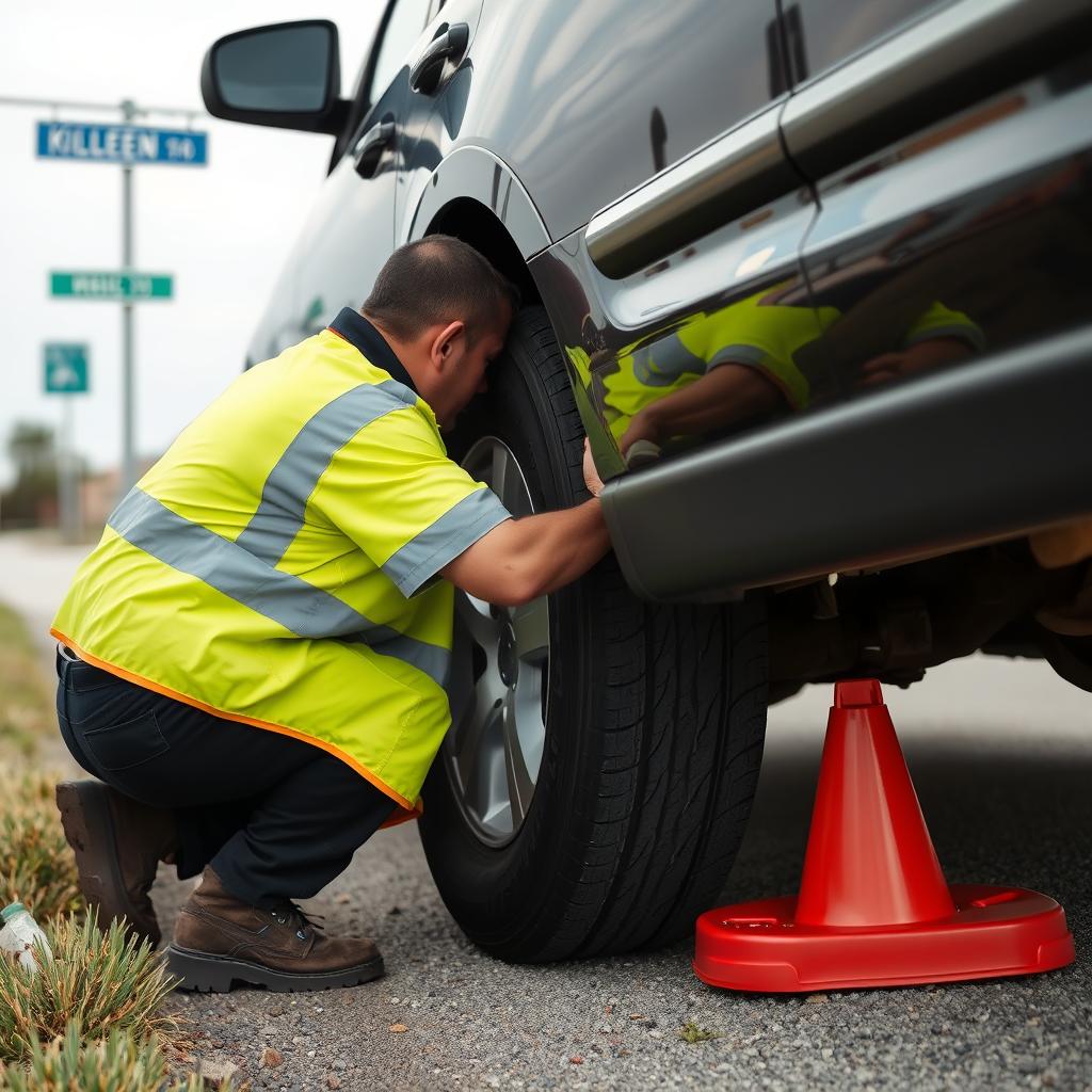 Technician changing a flat tire on a vehicle in Killeen