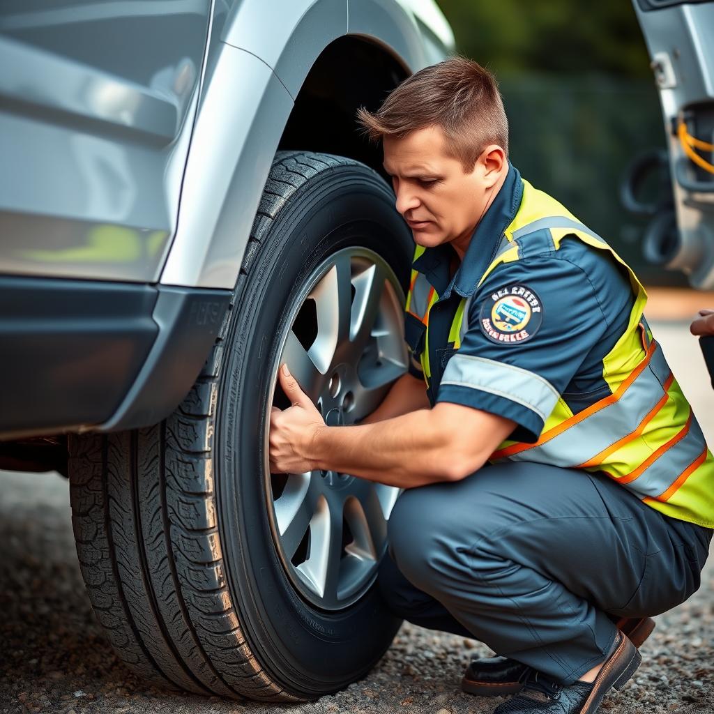 Technician changing flat tire in Garland, Texas
