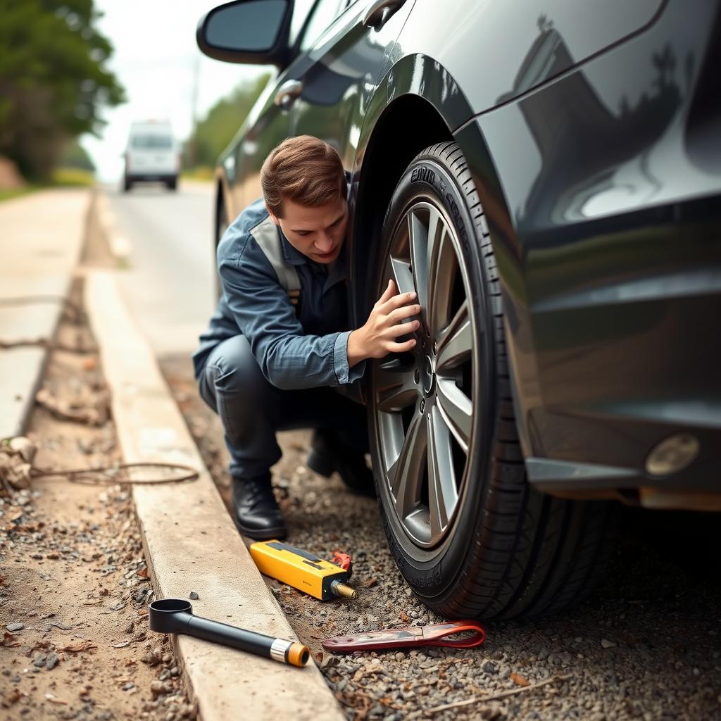 Technician changing flat tire in Georgetown, Texas