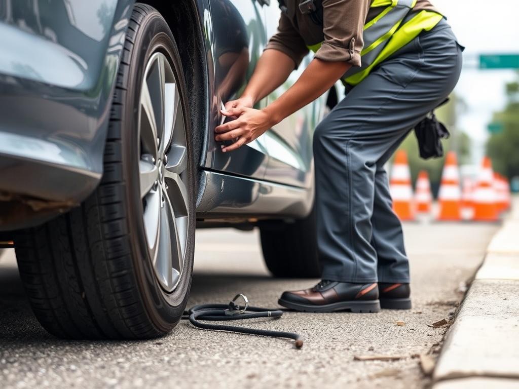 Technician changing flat tire on Baton Rouge roadside