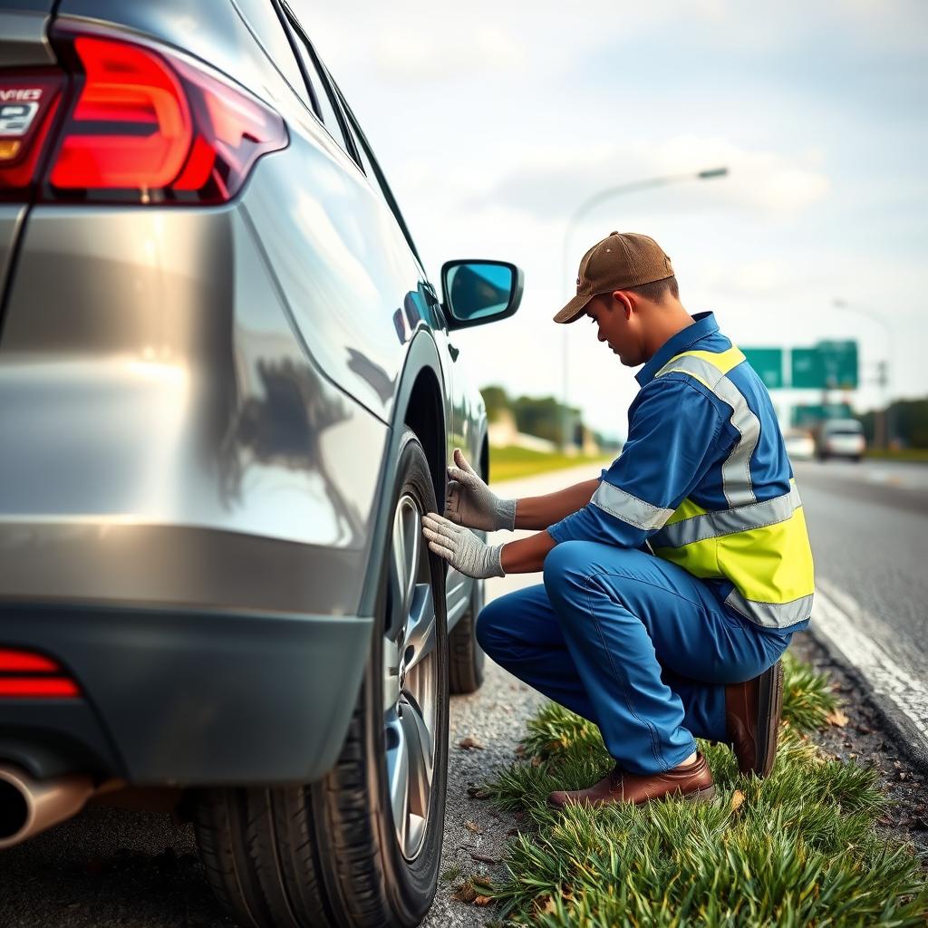 Technician changing flat tire on Houston roadside