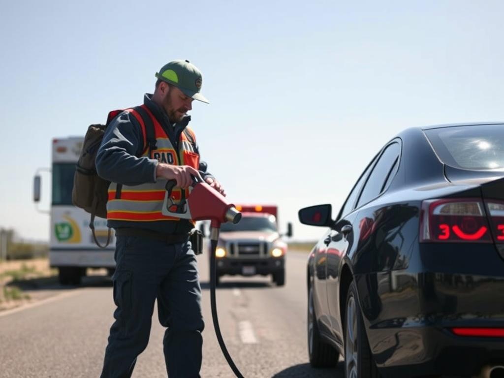Technician delivering fuel to a stranded vehicle in Amarillo
