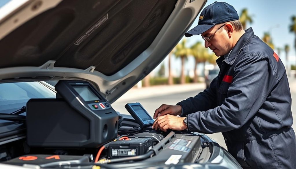Technician fixing a common battery issue during roadside assistance in Buena Park