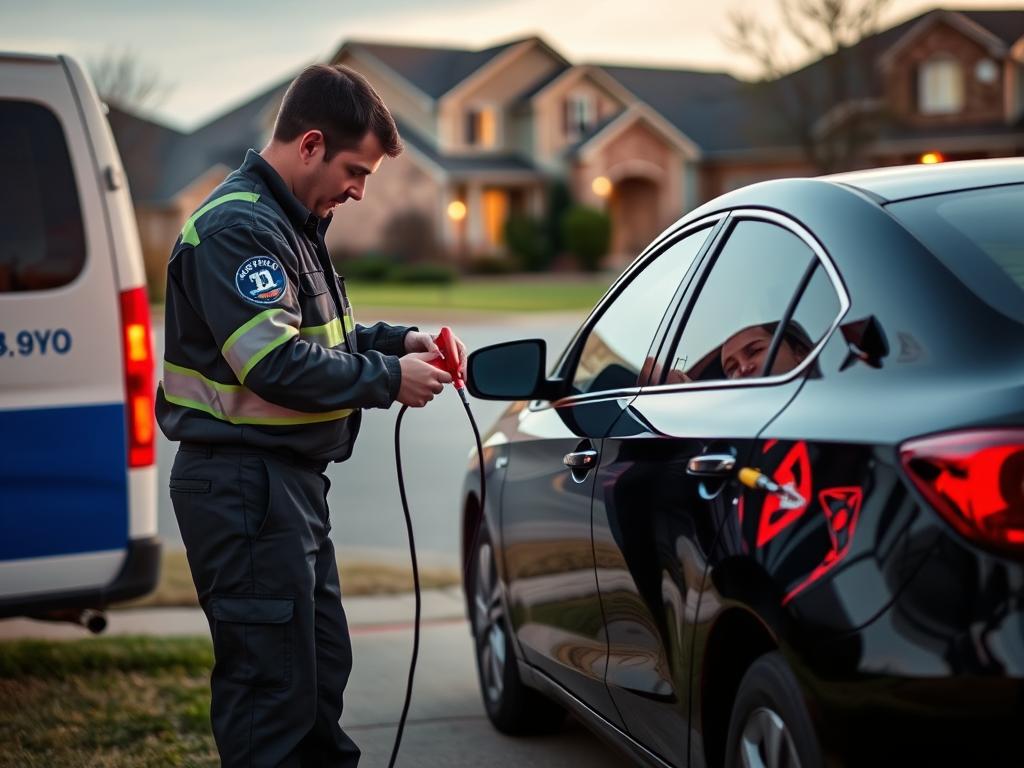 Technician jump-starting a car battery in Mesquite
