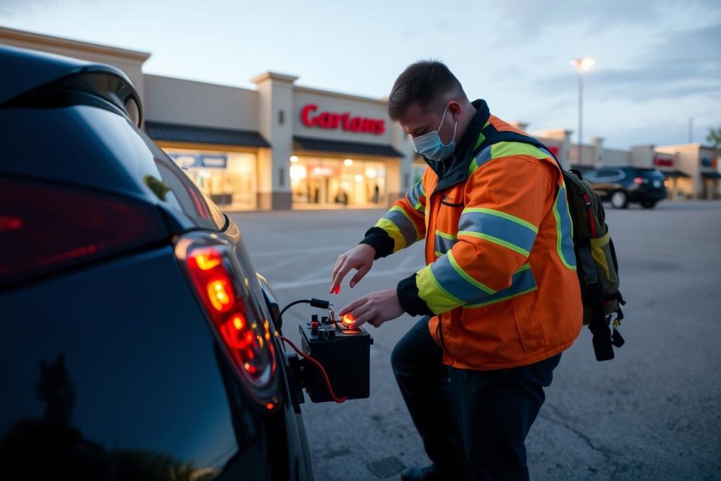 Technician jump-starting a car battery in Rockwall