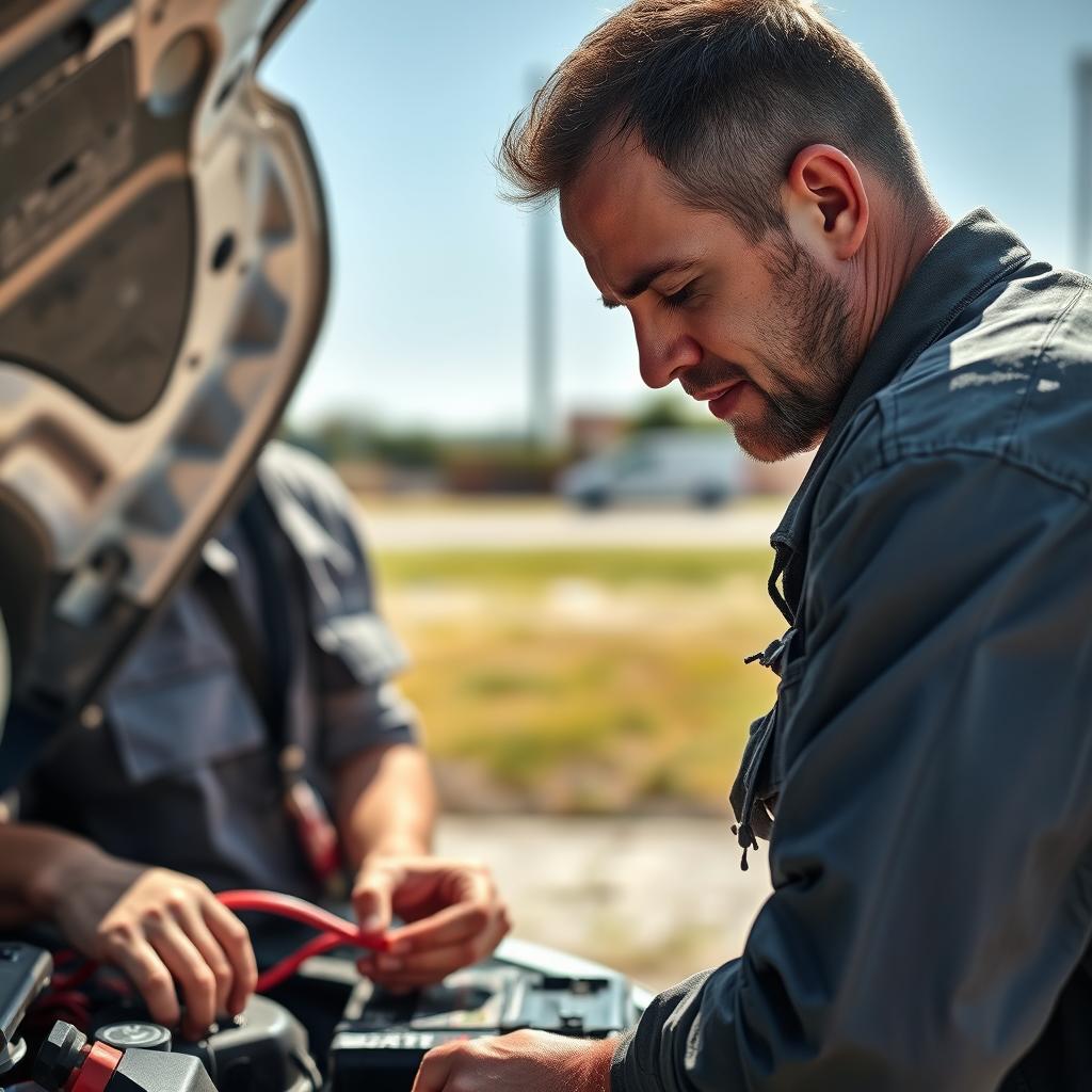 Technician jump-starting a dead battery in extreme Killeen heat