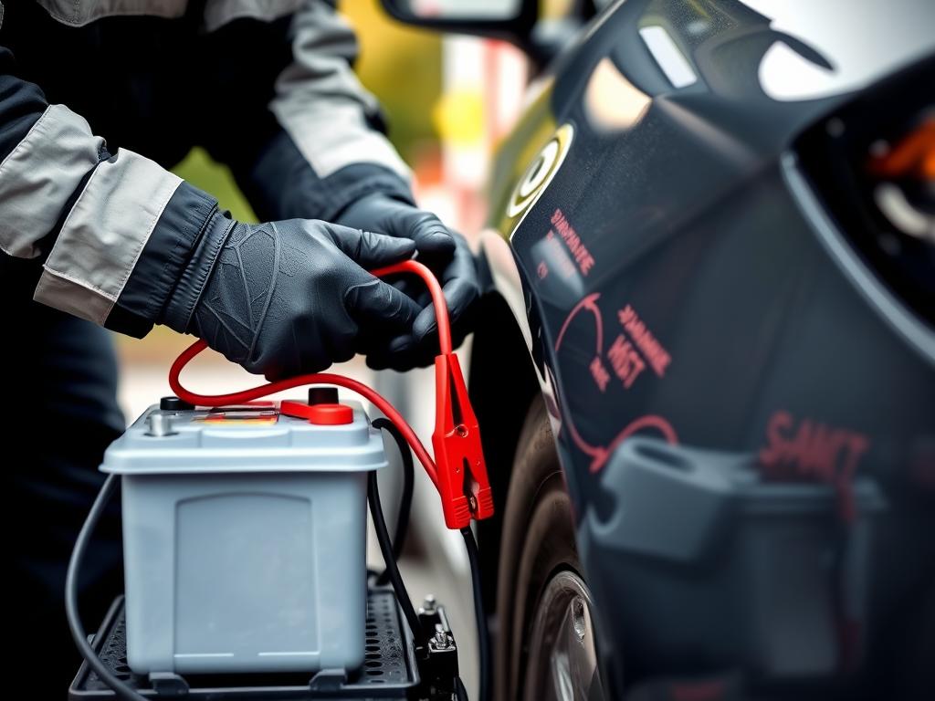 Technician performing a battery jump start for roadside assistance in Birmingham