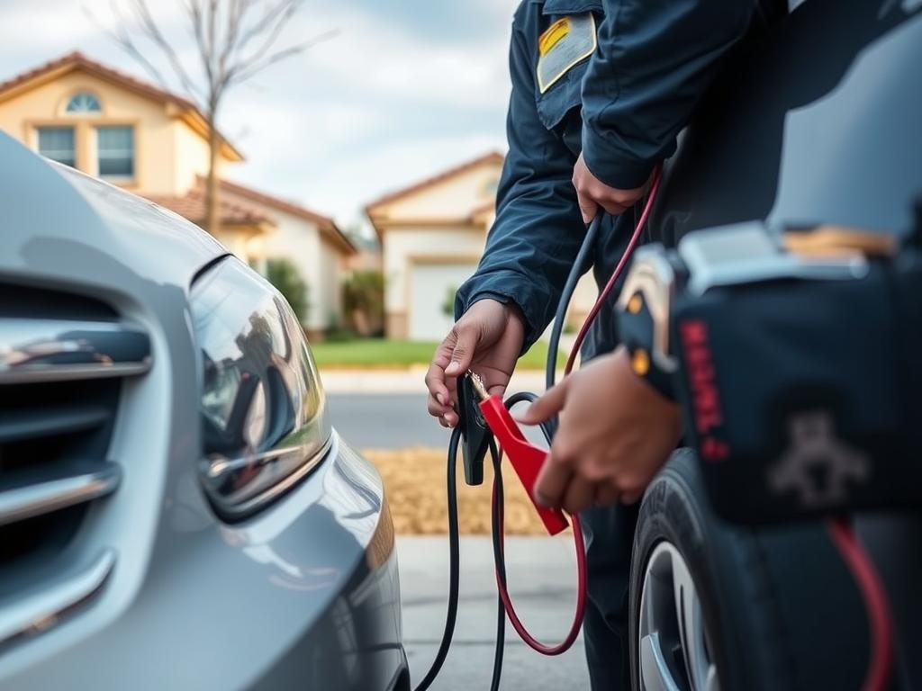 Technician performing a jump start in a Jurupa Valley residential area