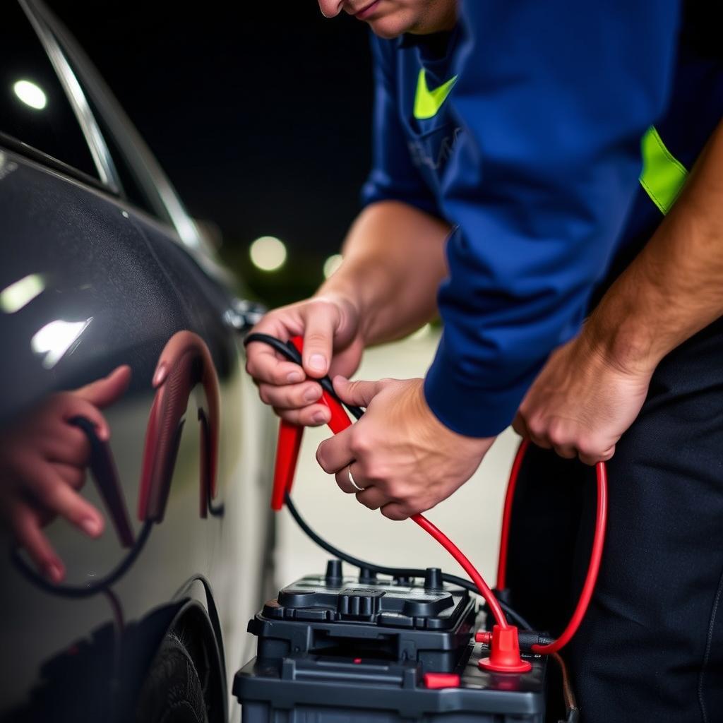 Technician performing battery jump start service in College Station