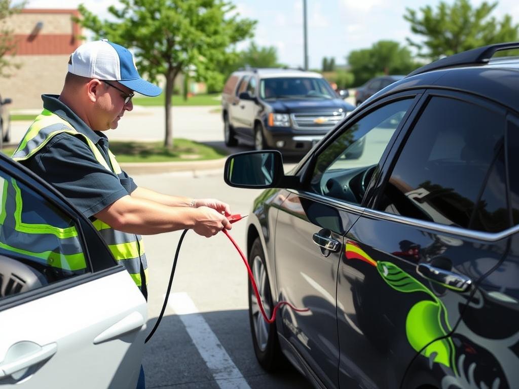 Technician performing jump start service on a vehicle in Bryan, Texas