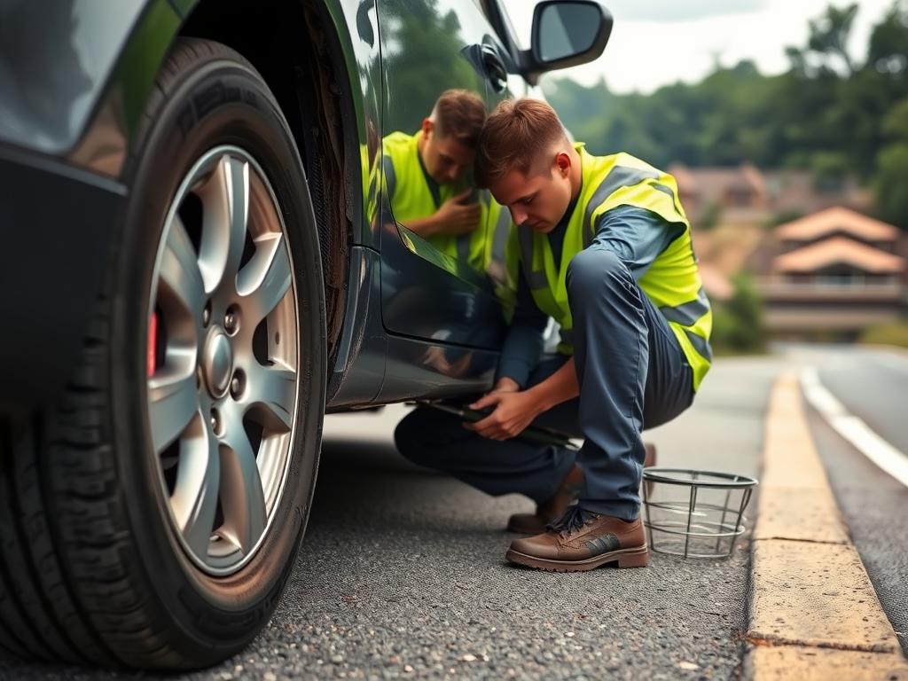 Technician performing tire change roadside assistance in Decatur, Alabama