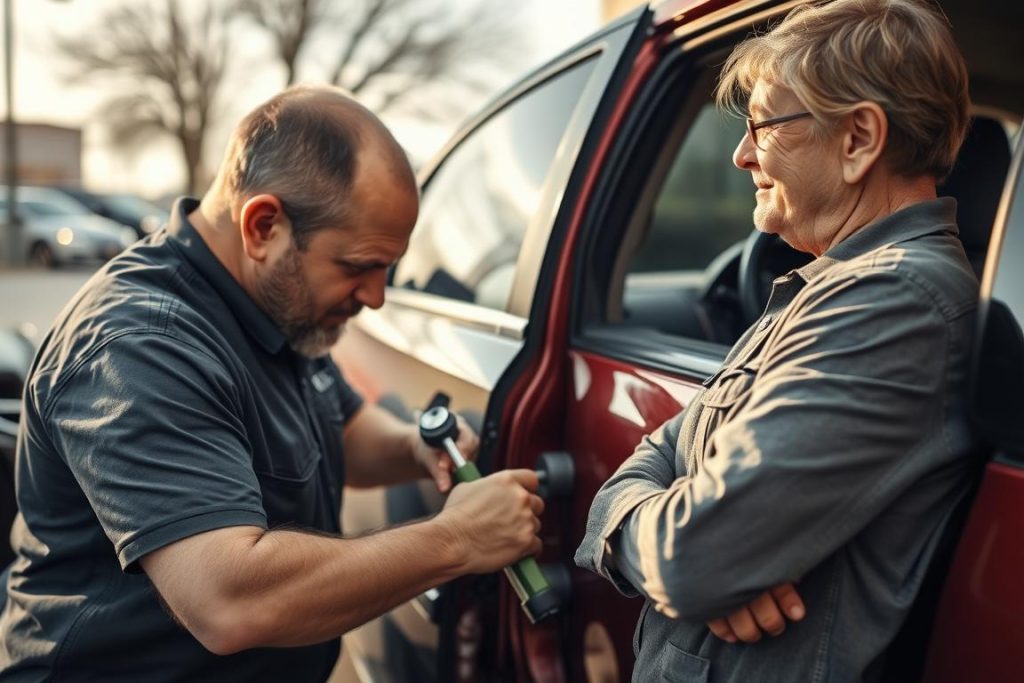 Technician performing vehicle lockout service in New Braunfels, Texas