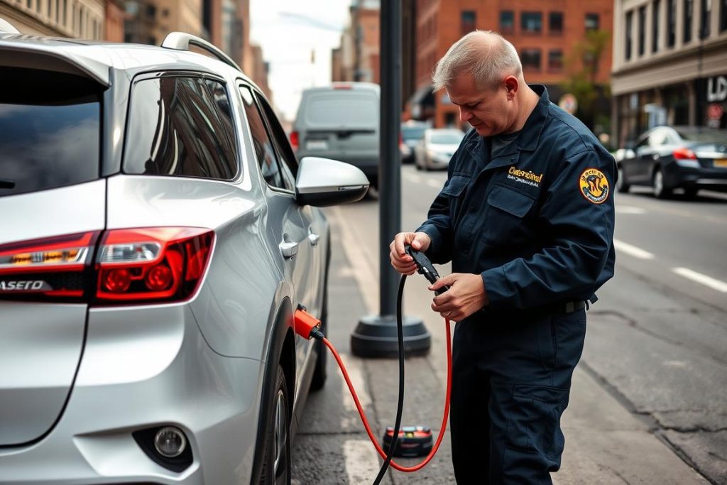 Technician providing roadside assistance services in Binghamton, New York