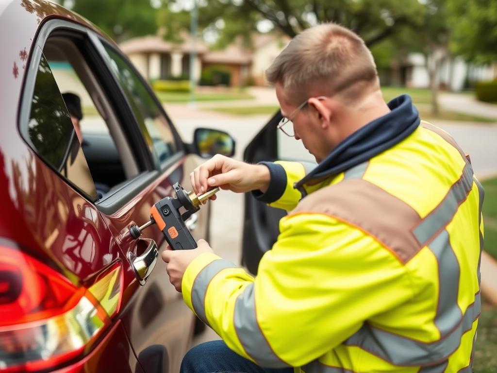 Technician unlocking a car door for a locked-out customer in Waco