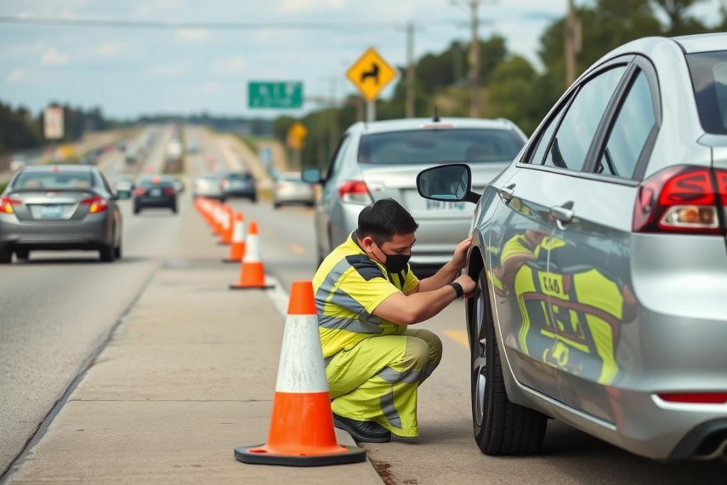 Tire change service on roadside in Phenix City