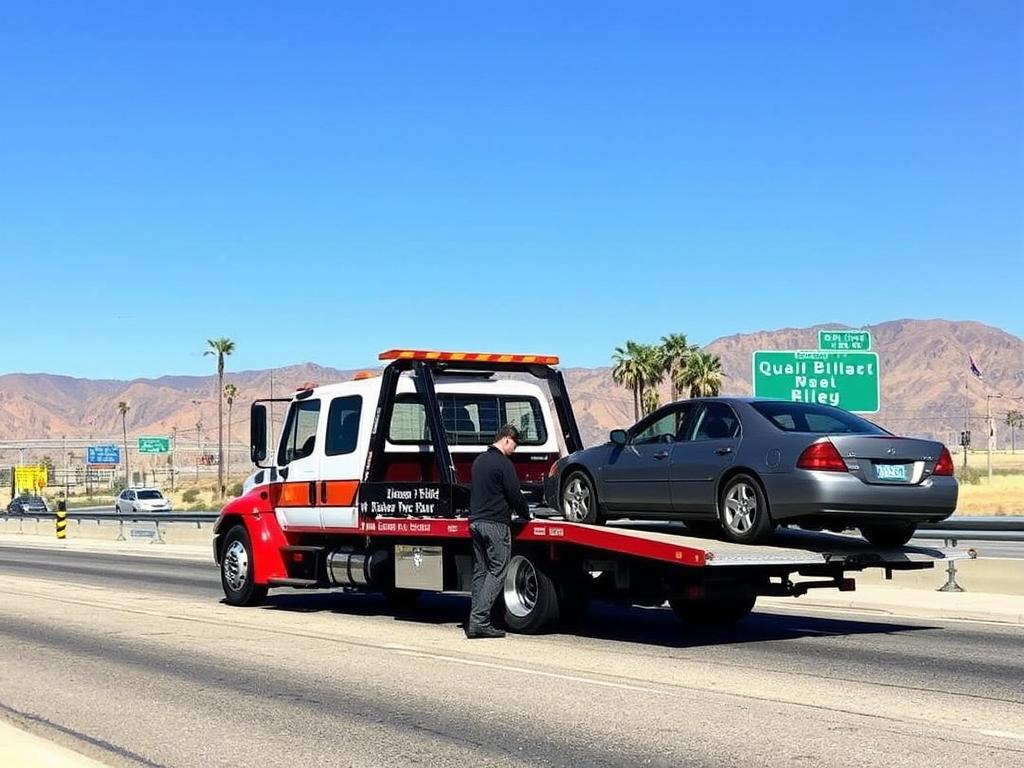 Tow truck assisting a broken-down vehicle on a Jurupa Valley highway