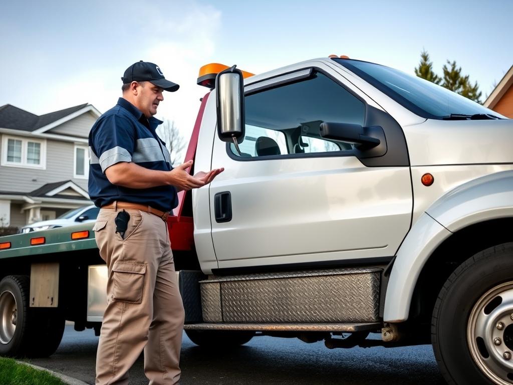Tow truck operator helping a stranded driver in Beaverton, Oregon
