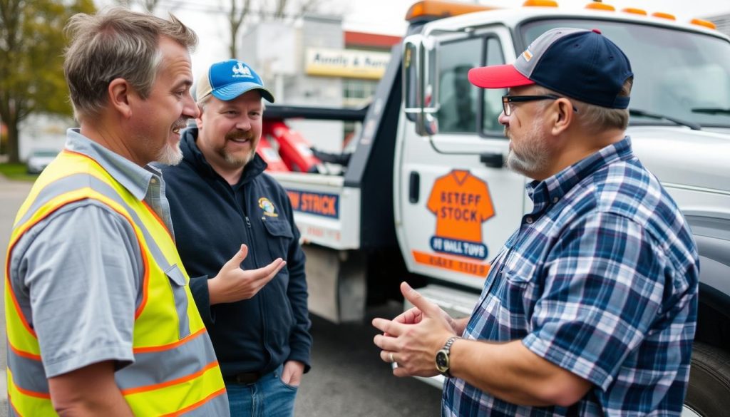 Tow truck operator helping customer in Brockton