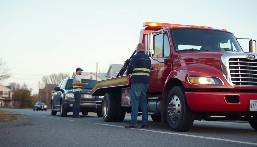 Tow truck providing roadside assistance in Brockton, Massachusetts
