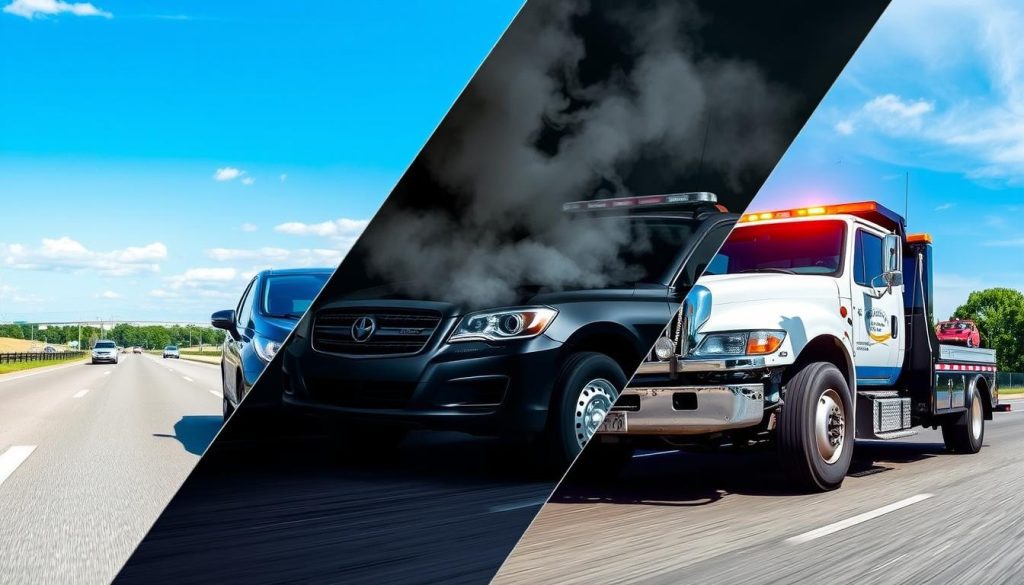 Tow truck responding to vehicle breakdown for cheap $50 towing service in Austin