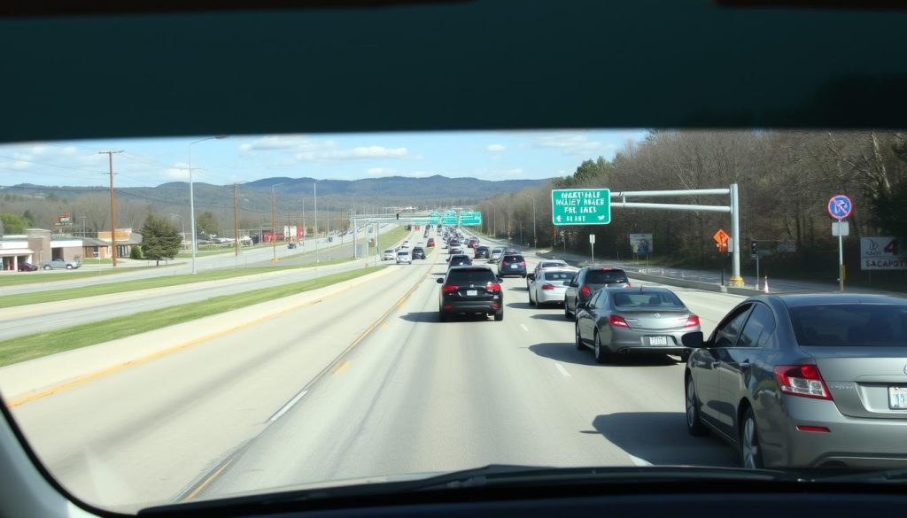 Traffic on AL-150/Valleydale Road in Hoover, Alabama during rush hour