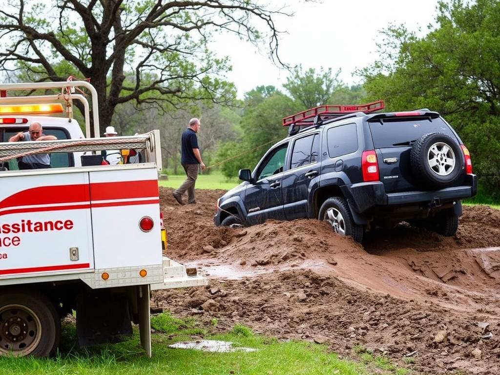 Winch-out recovery of a vehicle stuck in mud near Waco