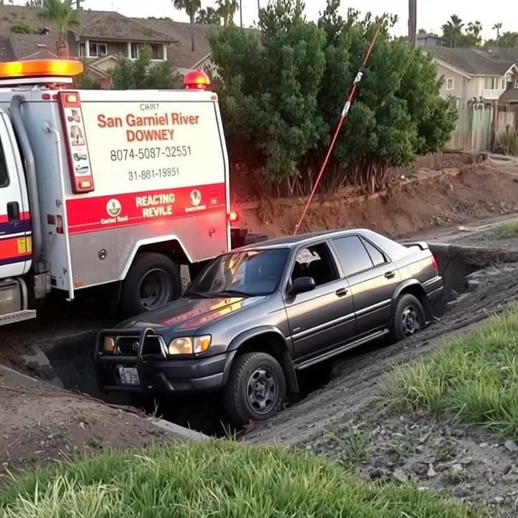 Winch out service rescuing a stuck vehicle in Downey, California