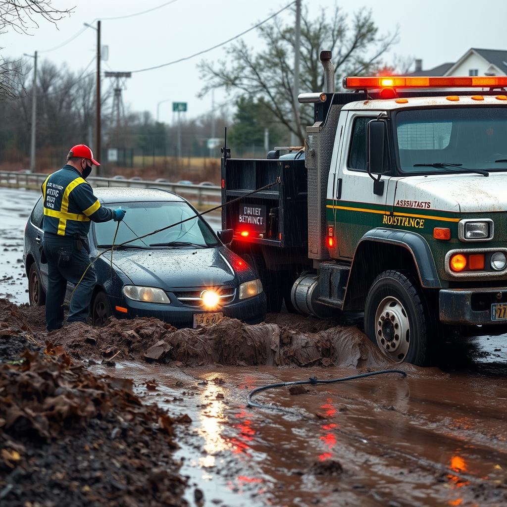 Winching a car stuck in mud after Fort Worth rain