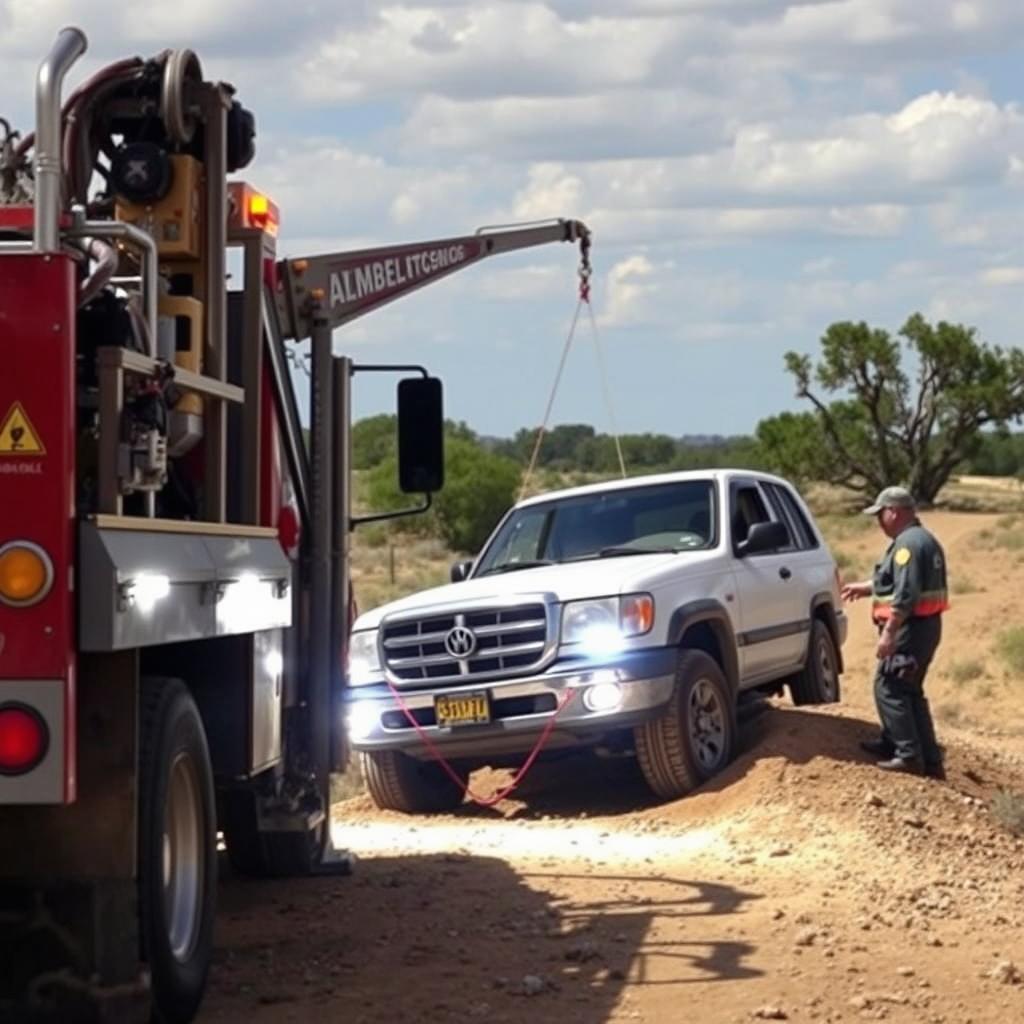 Winching service rescuing a vehicle stuck in Lubbock terrain