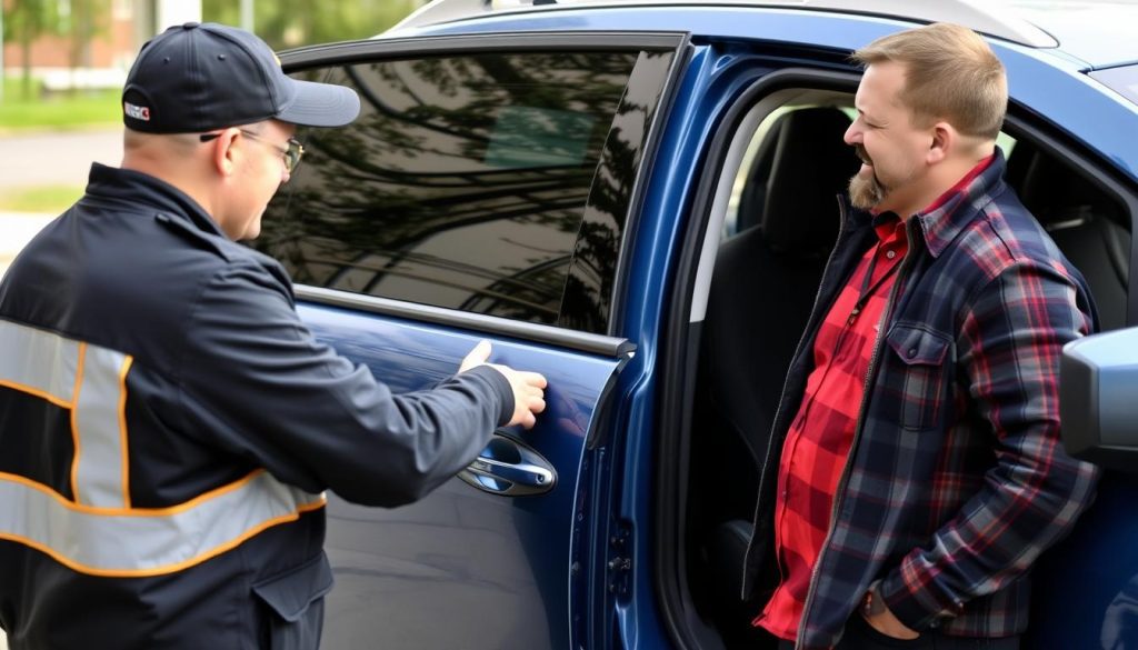 Auto lockout service technician helping customer in Belleville, Illinois
