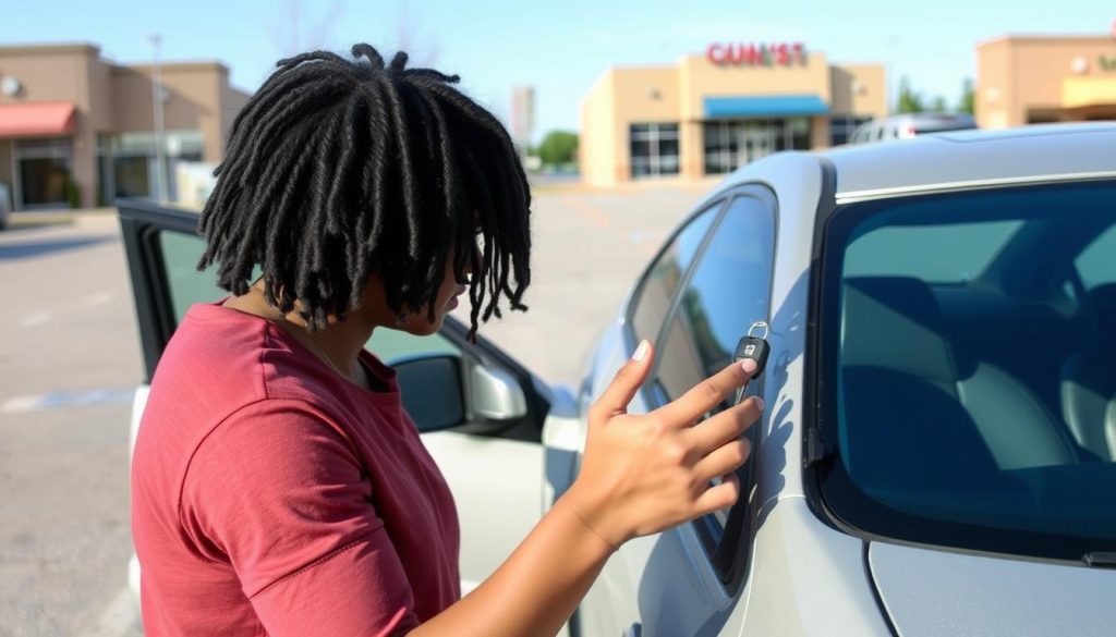 Car owner looking distressed next to locked vehicle in Beloit, Wisconsin