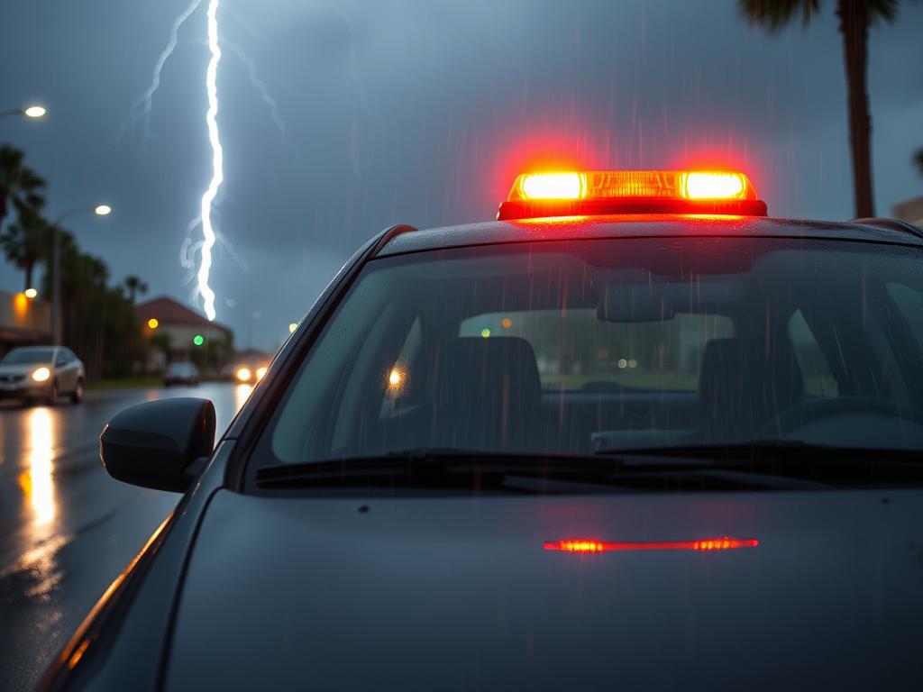 Car safely waiting out a Florida thunderstorm with hazards on