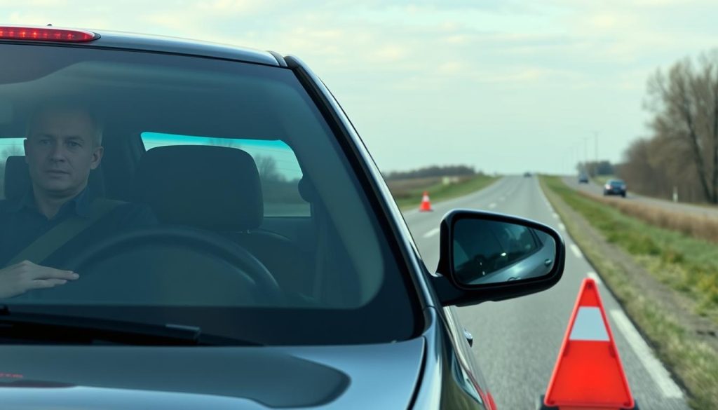 Driver safely waiting for roadside assistance with hazard lights on in Lenexa, Kansas