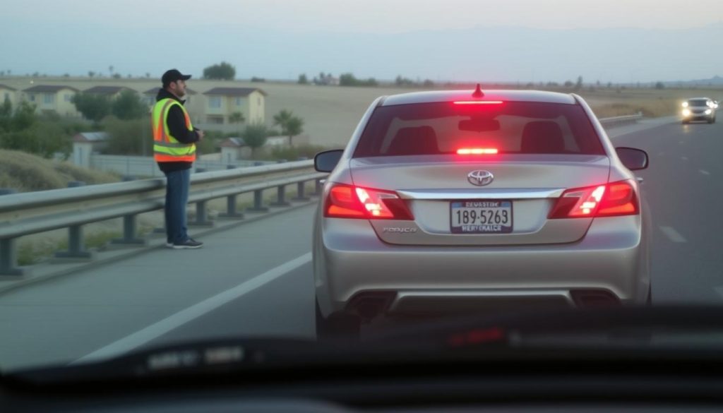 Driver safely waiting for roadside assistance with hazard lights on in Moreno Valley