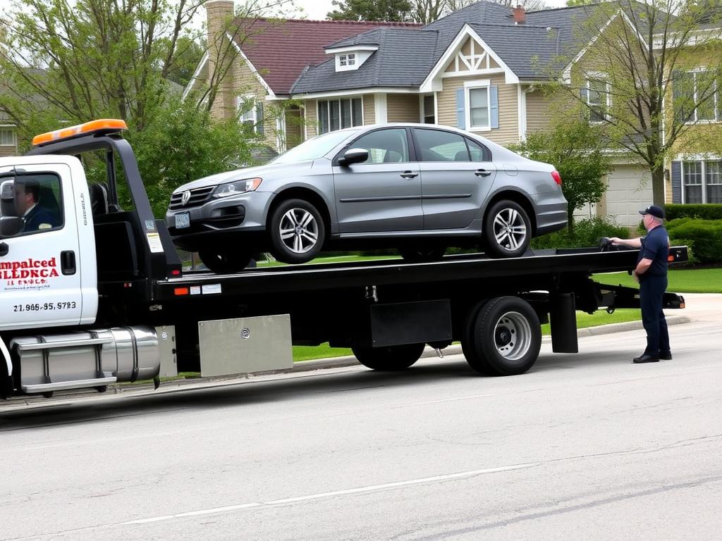 Flatbed tow truck loading a disabled vehicle in Lombard