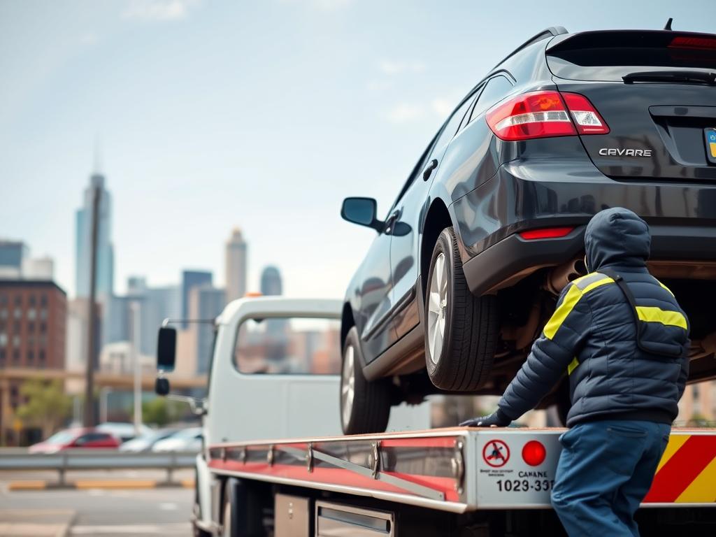 Flatbed tow truck loading disabled vehicle in Cleveland