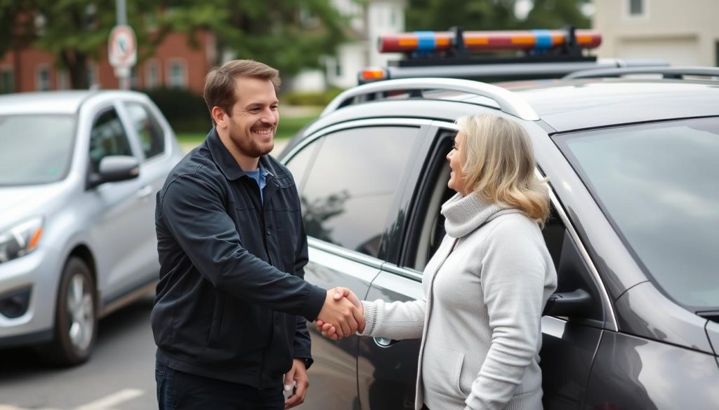 Happy customer receiving roadside assistance in Cranston, Rhode Island