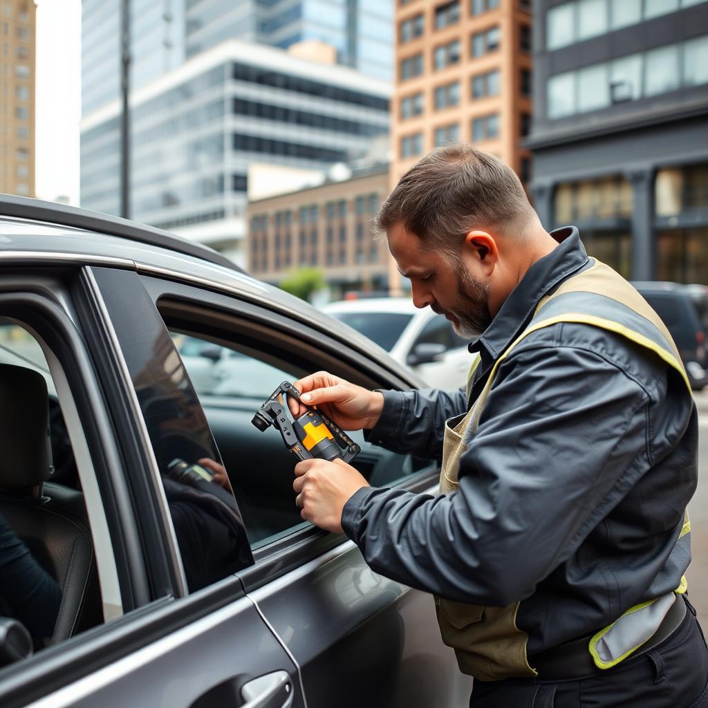 Lockout service being performed on car in downtown Memphis