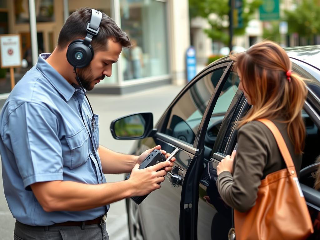 Lockout specialist helping a customer access their locked vehicle in downtown Edmonds