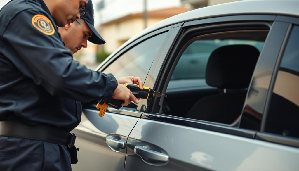 Locksmith technician unlocking a car door in Bell Gardens, California