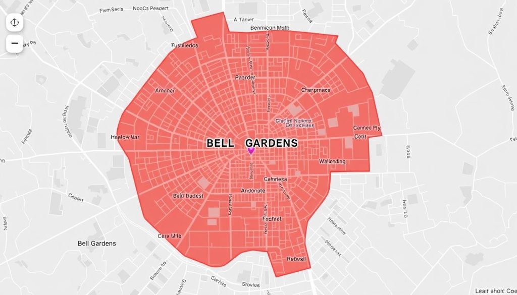 Map of Bell Gardens, California showing service coverage areas