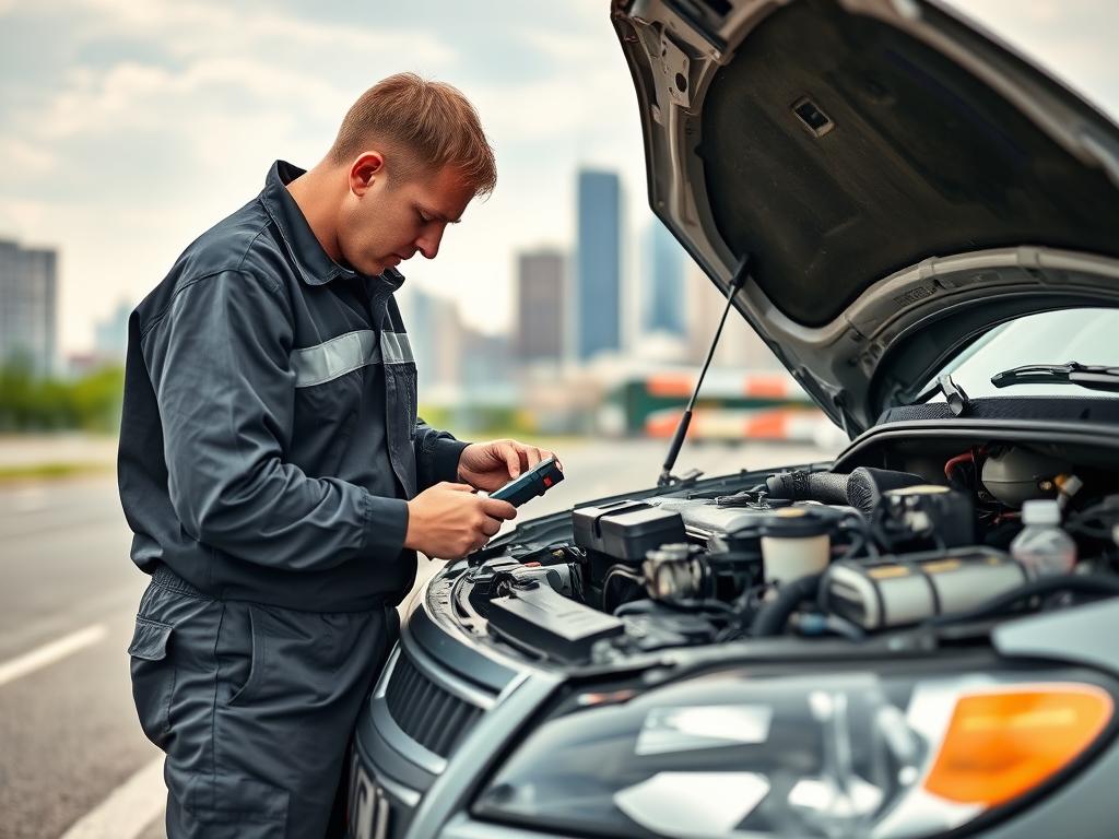 Mechanic examining engine breakdown on roadside in Dayton